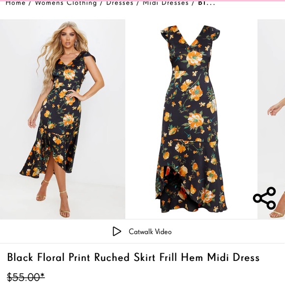 PrettyLittleThing Dresses & Skirts - NWT PrettyLittleThing Black Floral Print Ruched Midi